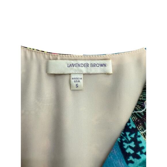 Lavender Brown Women's Multicolor Silk Bell Sleeve V-Neck Shift Dress Size Small - Picture 2 of 4